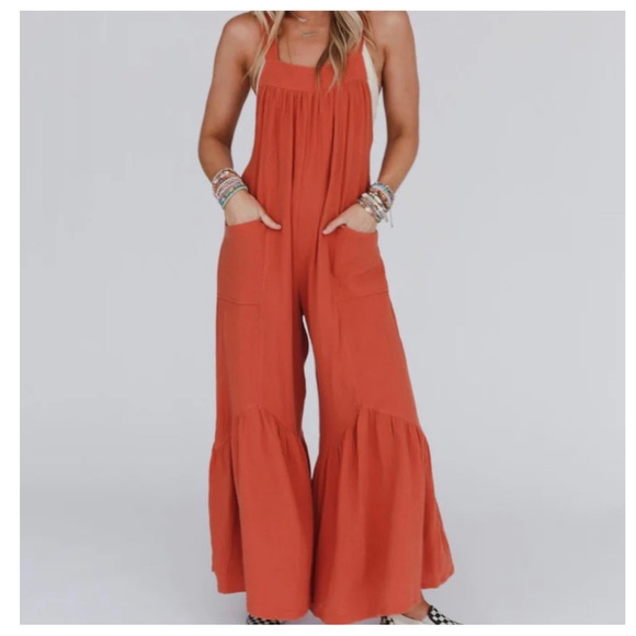 30 Boho wide leg ruffle Jumpsuit - Picture 2 of 3